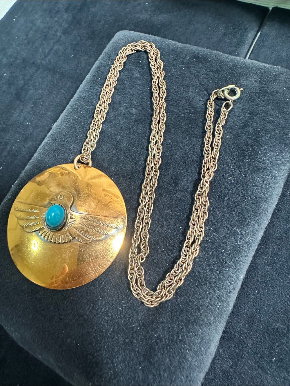 Vtg: Genuine Copper Turquoise Cabochon Eagle Pendant Necklace - Picture 7 of 10